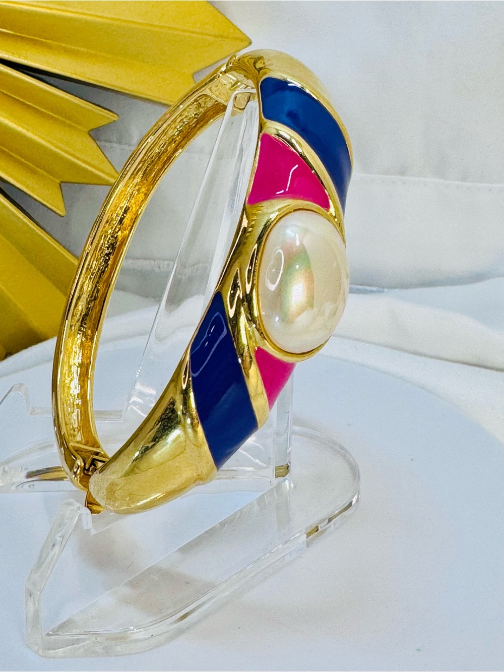 Gold-Tone Bangle Bracelet with Blue & Pink Enamel and Faux Pearl